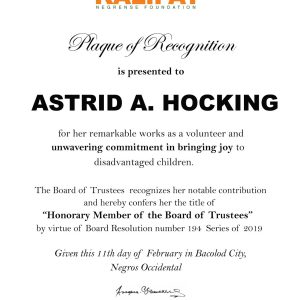 Astrid Hocking awarded as the first ever Honorary Board Member of Kalipay