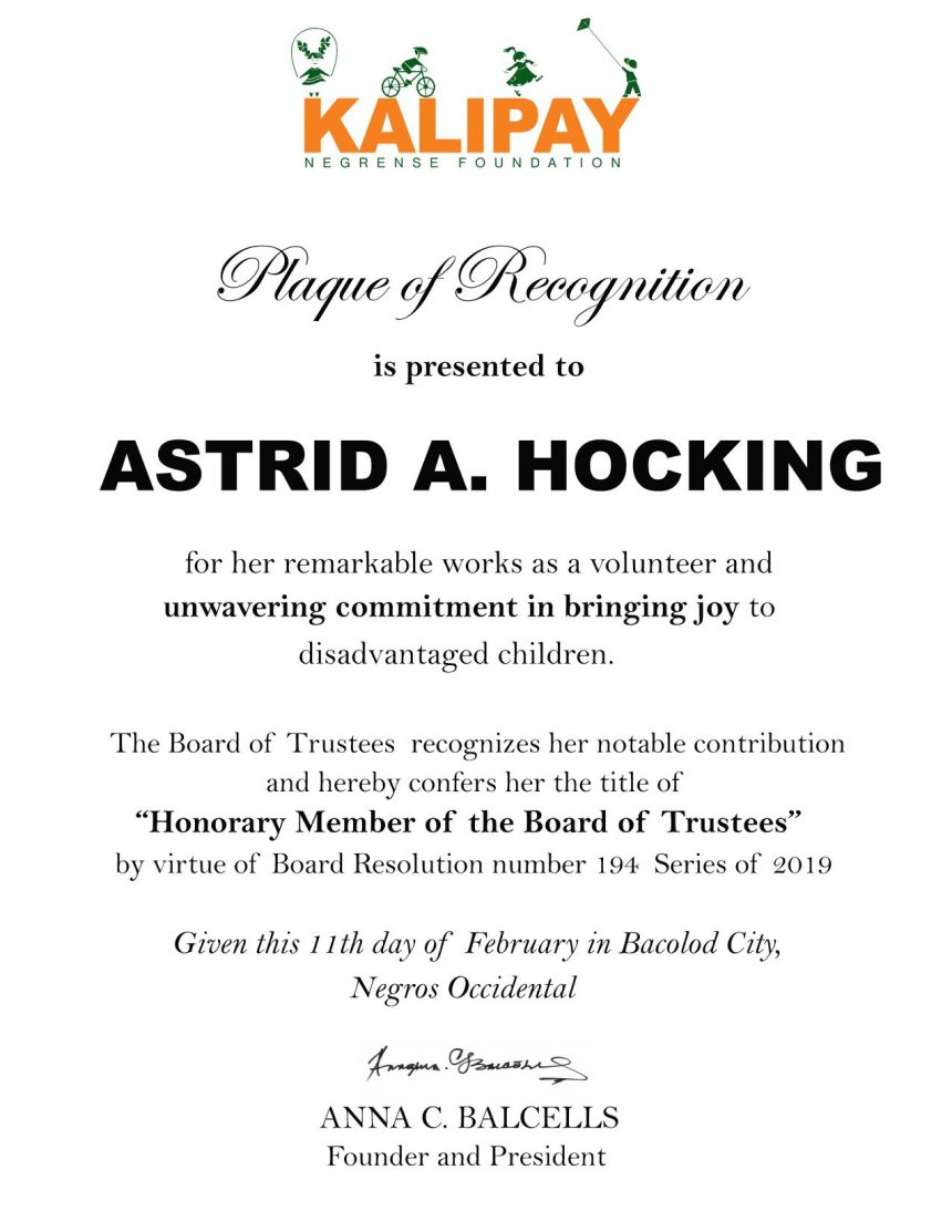 Astrid Hocking awarded as the first ever Honorary Board Member of Kalipay
